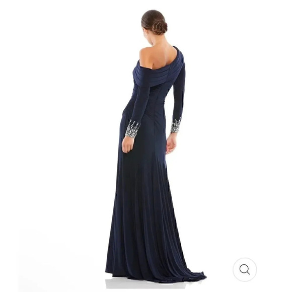 Mac Duggal Maxi Long Gown 4 Navy Beaded Off Shoulder Faux Wrap Wedding Gala - Picture 2 of 16